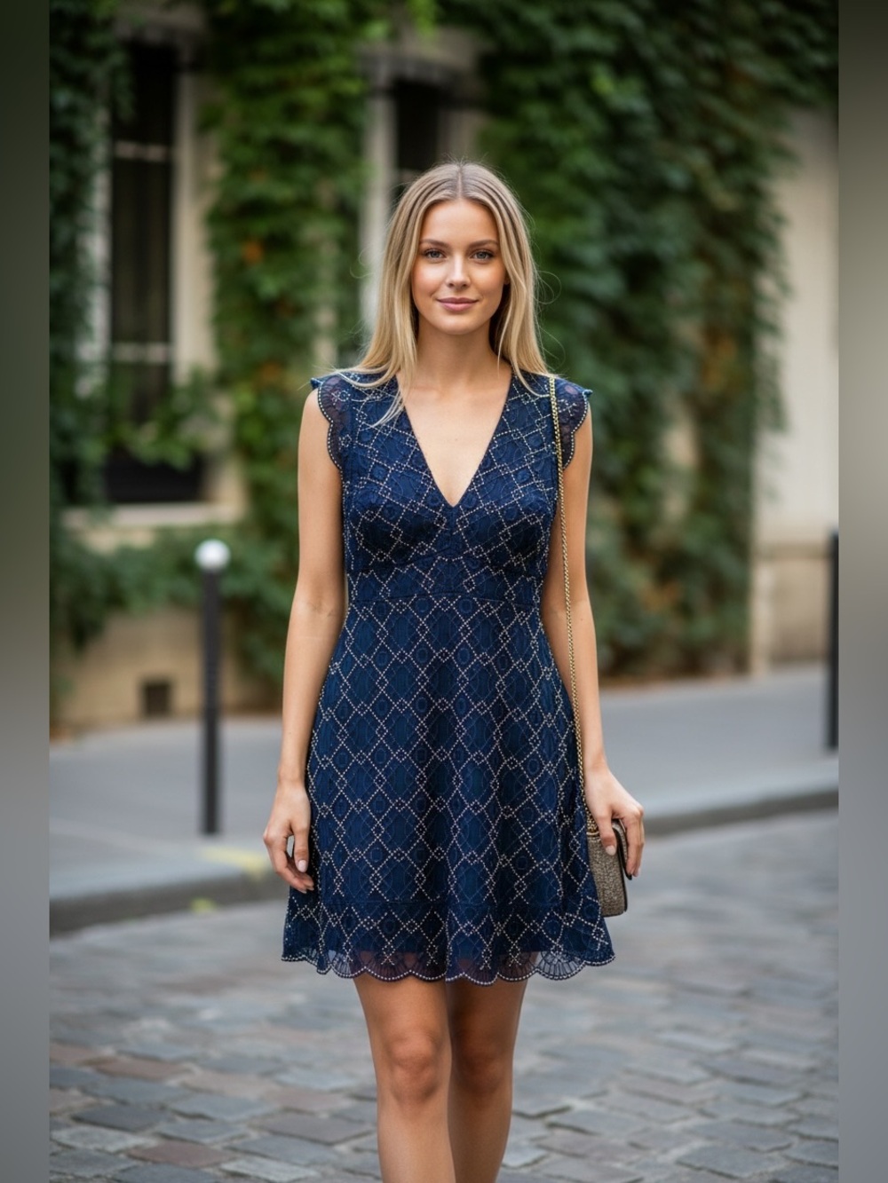 Sandro Paris Beaded Lace Dress Midnight Blue Sz 38 NWOT